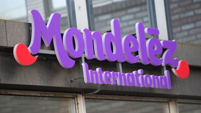 Signage for Mondelez International in purple letters