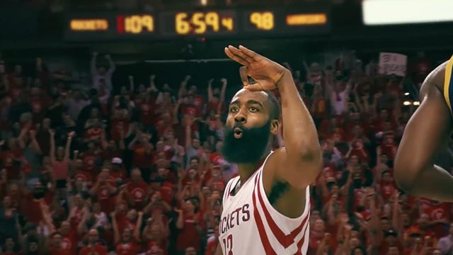 James Harden of the Houston Rockets celebrates after making a 3 pointer in a basketball game