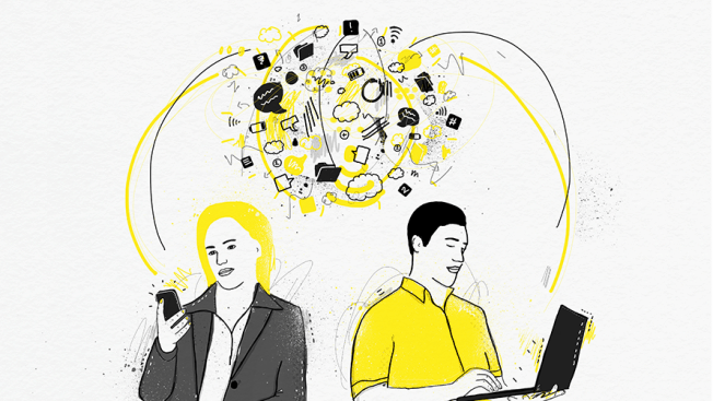 Illustration in black, white and yellow of two people. Person on the left is holding a phone; person on the right is using a laptop. Between them is a jumble of symbols.