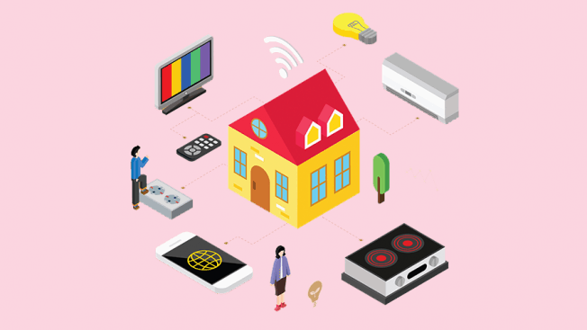 pink background; in the middle is a house; there are arrows pointing out of the house; the arrows point a TV, smartphone, tape recorder, and a speaker