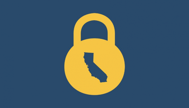 blue background; yellow lock; in the lock is a cutout of the state of California