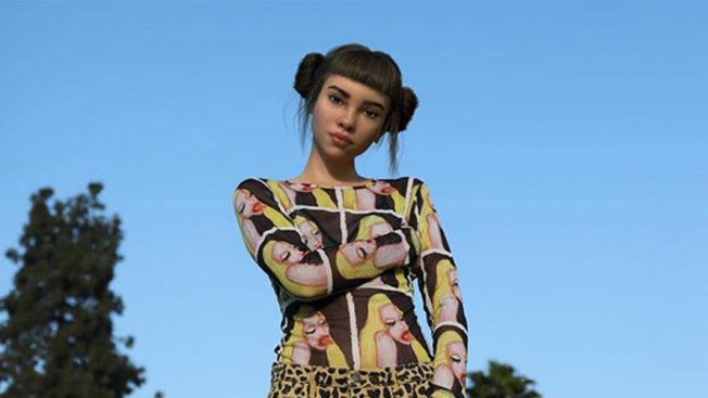 A girl modeling in a colorful dress; the image is created from CGI