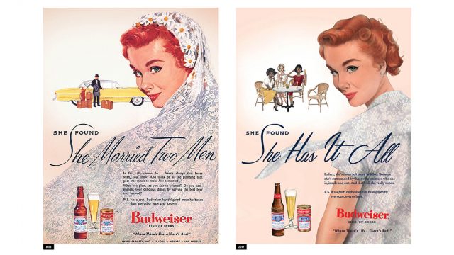 A 1956 print ad for Budweiser ran side-by-side in The New York Times today with a modernized version for International Women's Day.