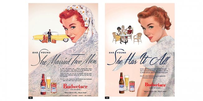 A 1956 print ad for Budweiser ran side-by-side in The New York Times today with a modernized version for International Women's Day.