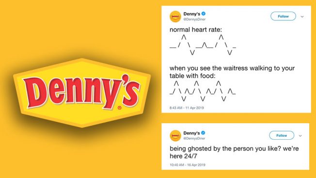 A split image; on the left is the Denny's logo; on right are two Denny's tweets