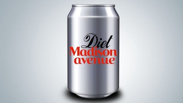 Silver soda can with black and red script reading Diet Madison Avenue.