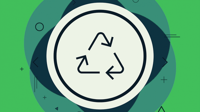 background is various shades of green; in the middle is a white circle; inside the circle is the eco friendly, reduce-reuse-recycle sign