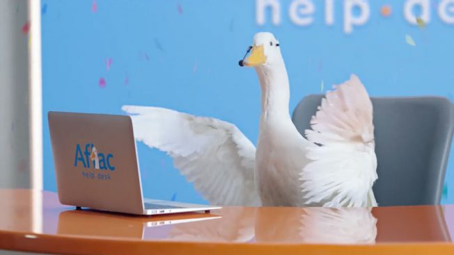 The Aflac duck is behind a computer ruffling his feathers
