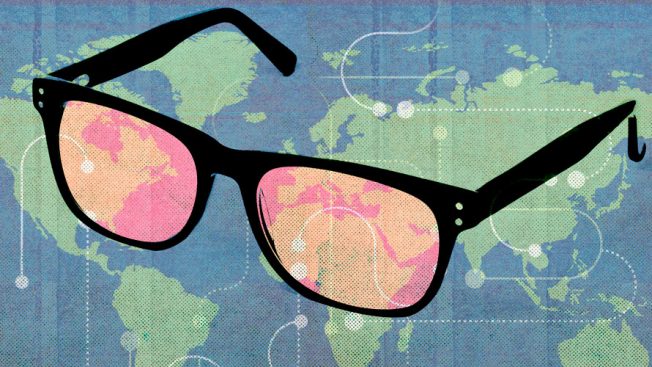 In the background is a map of the world; A pair of glasses is covering a majority of the map; the lenses of the glasses are red
