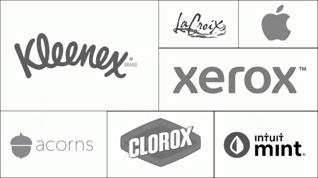 7 recognizable brand logos; the brands are Kleenex, la Croix, Apple, Xerox, Acrons, Clorox, and Intuit Mint