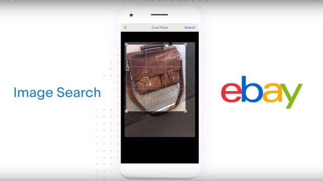 There is a phone with a picture of a briefcase; on the left side it says 'image search' and on the right there is the ebay logo