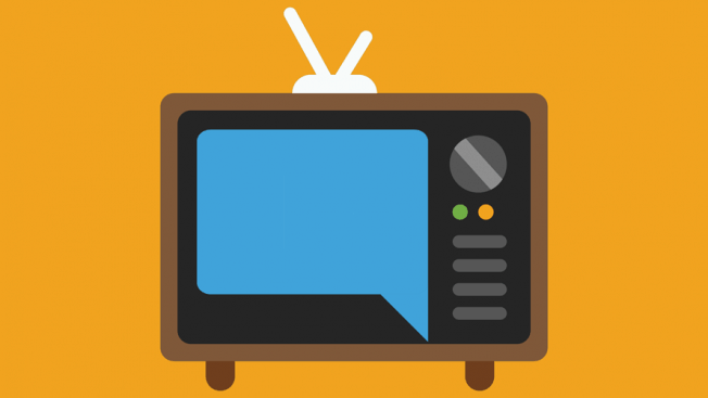 Orange background; In the foreground is a vintage television set