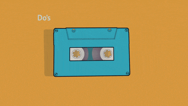 A blue cassette tape on an orange background; Top left corner says"Dos" and the bottom right corner says "Don