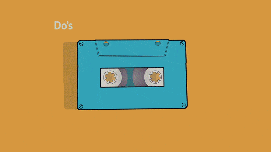 A blue cassette tape on an orange background; Top left corner says