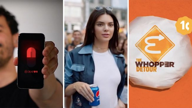 Three images: On the left a person is seen holding up a phone; in the middle Kendall Jenner is holding a can of Pepsi; on the right is a picture of a Whopper wrapper that says 