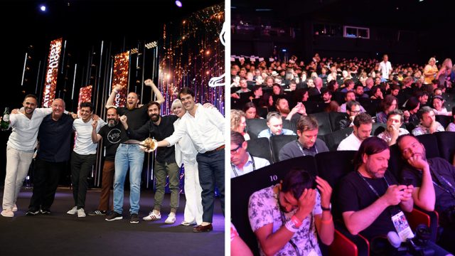 Two images; on the right is a group of people celebrating on stage; on the left is a group of people in an audience looking frustrated and distracted