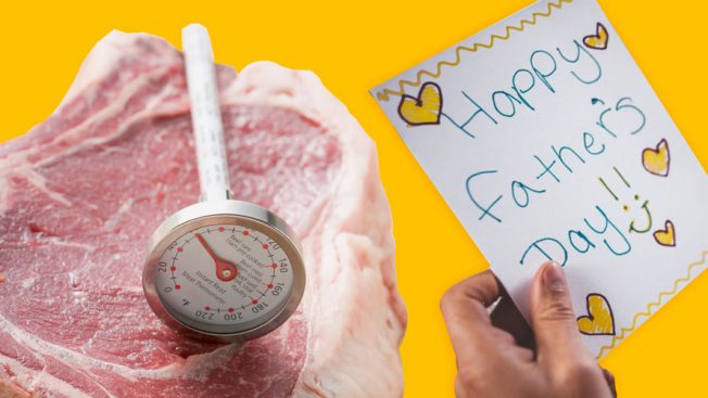 A thermometer sits on top of an uncooked steak; next to the steak is a handwritten note that reads 'Happy Father's Day!'