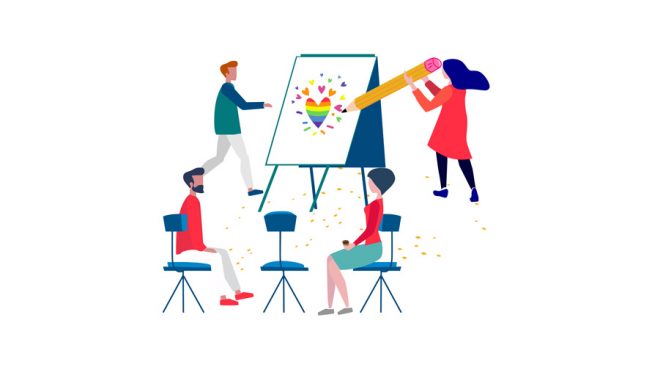 Four people circle around an easel; in the center of the easel is a rainbow colored heart