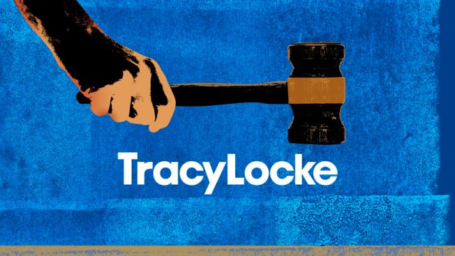 A hands holds a gavel on top of agency name TracyLocke.