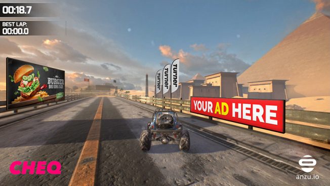 3D game driving a car down a street with burger billboard on the left and sign on the right that reads Your Ad Here