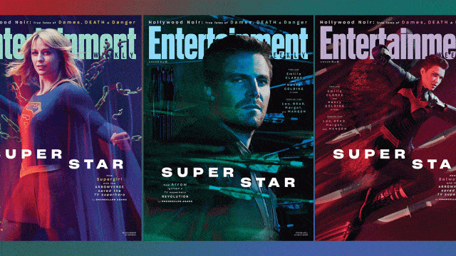 Animated gif of Entertainment Weekly covers featuring CW superheroes Supergirl played by Melissa Benoist, Green Arrow played by Stephen Amell, Batwoman played by Ruby Rose, The Flash played by Grant Gustin and White Canary played by Caity Lotz.