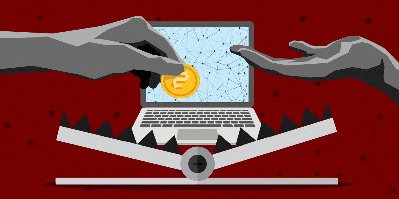 Illustration of a gray hand holding a yellow bitcoin over a laptop as a bear trap clamps shut.