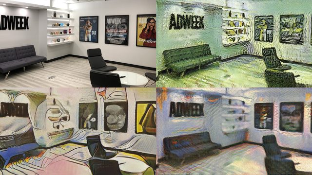 Four versions of an Adweek office photo using a Runway ML tool that creates the look of famous artists, like Vincent van Gogh, Edvard Munch and Pablo Picasso