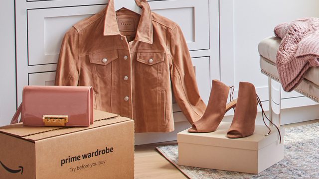 Amazon fashion set on the floor, amazon box, purse, jacket, heels