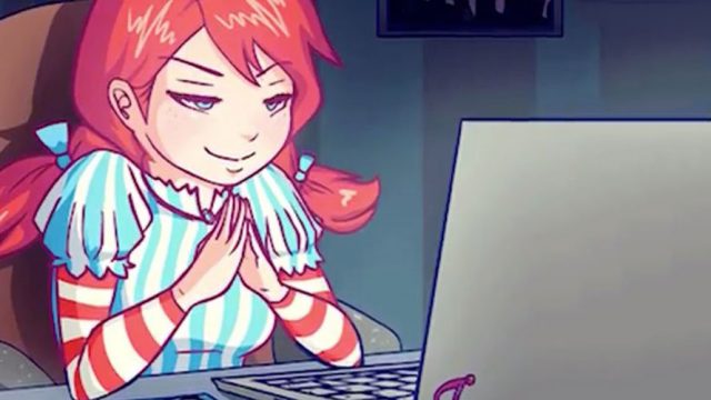 An illustration of an angry Wendy's mascot with hands together looking at a laptop.