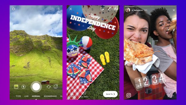 A collage of three Instagram stories including scenery of a mountain, an Independence Day picnic with balloons, a beach ball and watermelon, and two women eating pizza at 12:34 a.m.