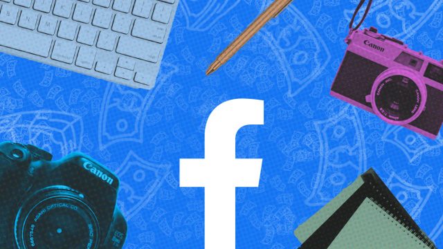 An illustration of the Facebook logo, Canon cameras, a notebook, pen and a Mac keyboard