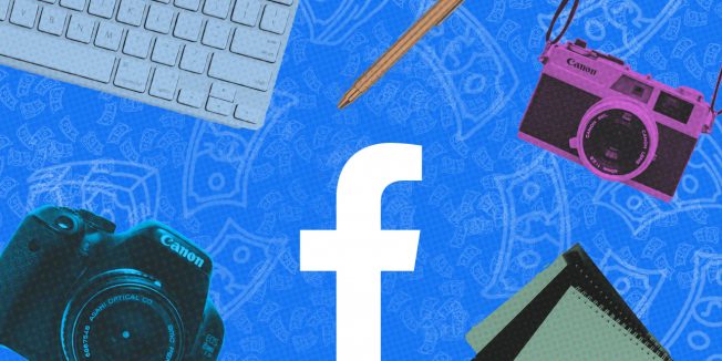 An illustration of the Facebook logo, Canon cameras, a notebook, pen and a Mac keyboard
