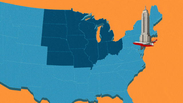 An animated map of the U.S. in blue with the Midwest highlighted in darker blue and an image of the Empire State building in N.Y. as a plane flies to the Midwest.