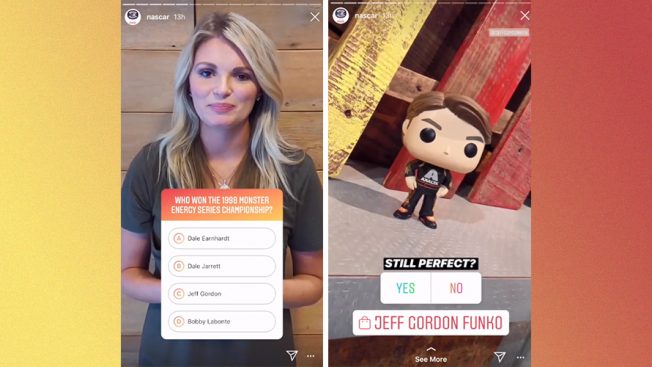 An Instagram post with a woman holding quiz questions in the first frame and a Jeff Gordon Funko Pop figurine in the second frame.