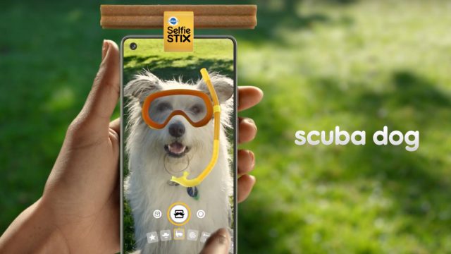 A smartphone with SelfieStix on top shows a picture of a dog with a scuba filter created on Pedigree's app.