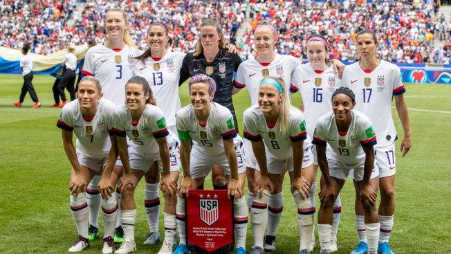 U.S. Women's National Soccer team group photo in the field during the World Cup finals