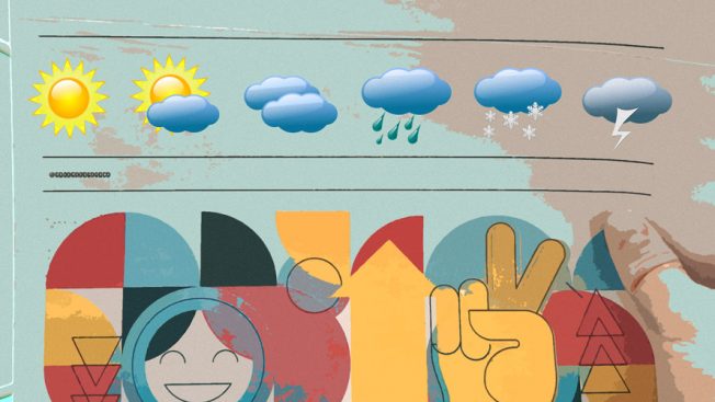 Illustration of a sun with a small cloud, cloud, rain cloud and snow clould above a peace sign and smiling face and other shapes.
