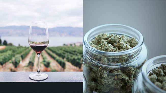 Side-by-side images of a glass of red wine in front of a winery and a glass jar of cannabis