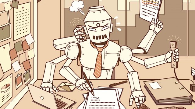 Busiest robot in the office with a heavy workload on all of his six hands.