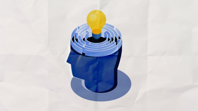 A blue head with a yellow lightbulb popping out.