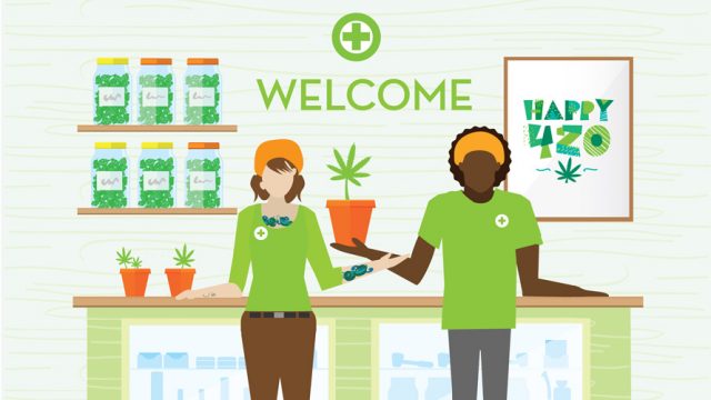 Illustration of two workers welcoming people in a cannabis store