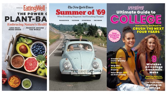 Magazine covers from Eating Well, The New York Times and Seventeen.