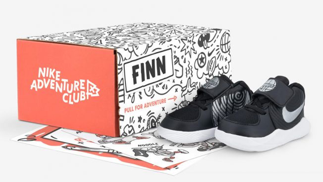 An Adventure Club box and shoes from Nike's subscription package for kids