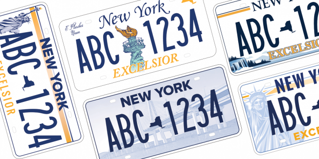 collage of the five new york state license plate design options