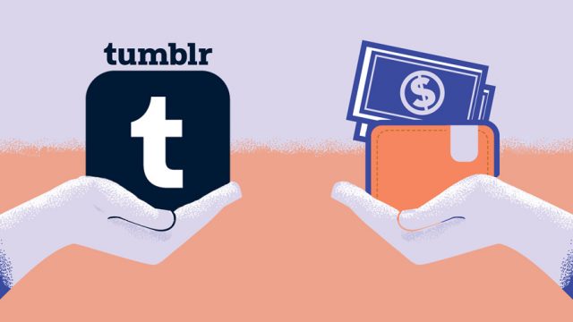 illustration of hands exchangin tumblr logos for money
