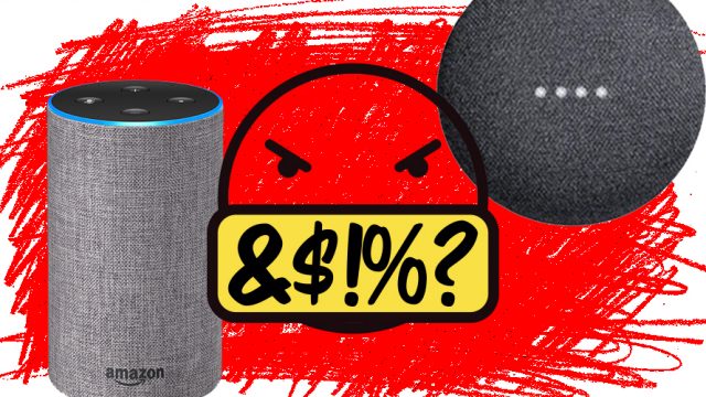 An angry face cursing next to an Alexa and Google Home.