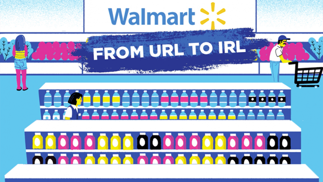 illustration of grocery store aisles in CMYK colors and Walmart logo