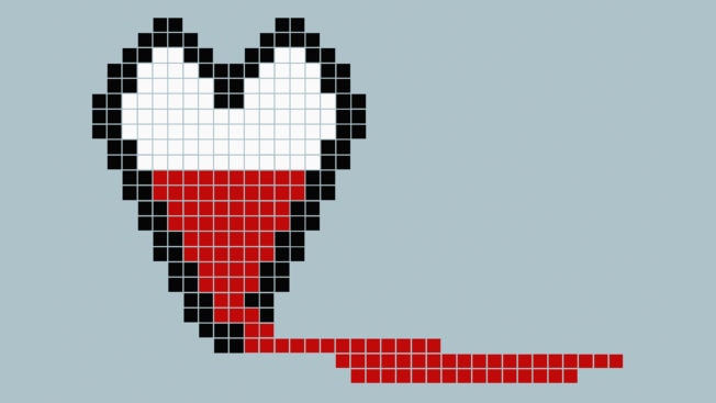 a pixelated heart with red leaking out of a hole in the bottom