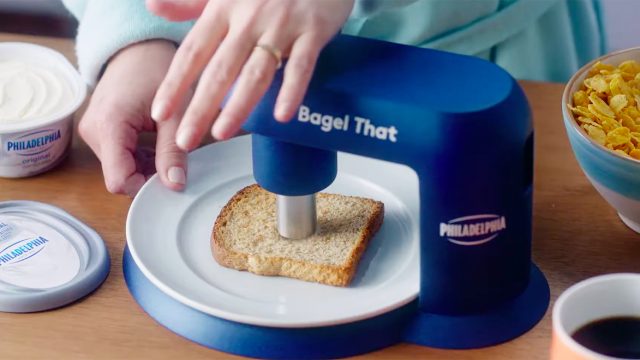 Blue hole-punching device to turn items into bagels
