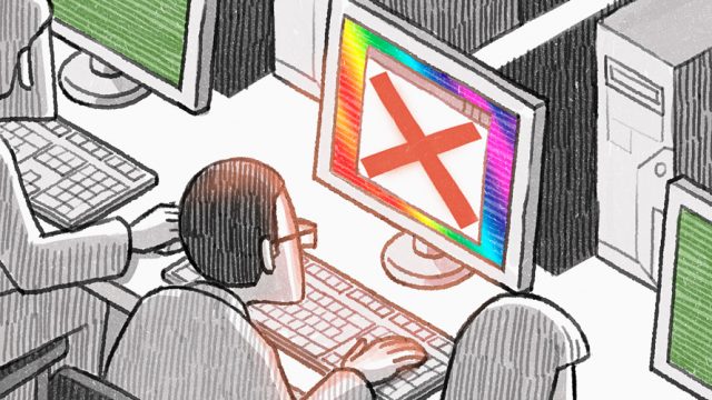 Illustration of person on a computer rainbow screen computer being denied access
